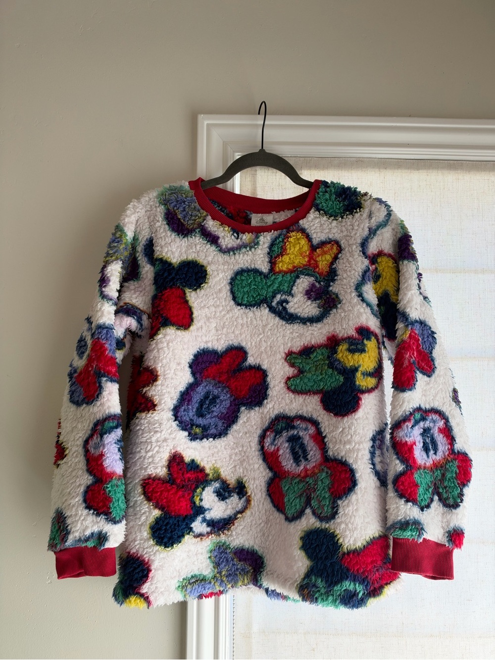 Disney Multicolor Minnie Fuzzy Crewneck Sweater - White with Red Trim
